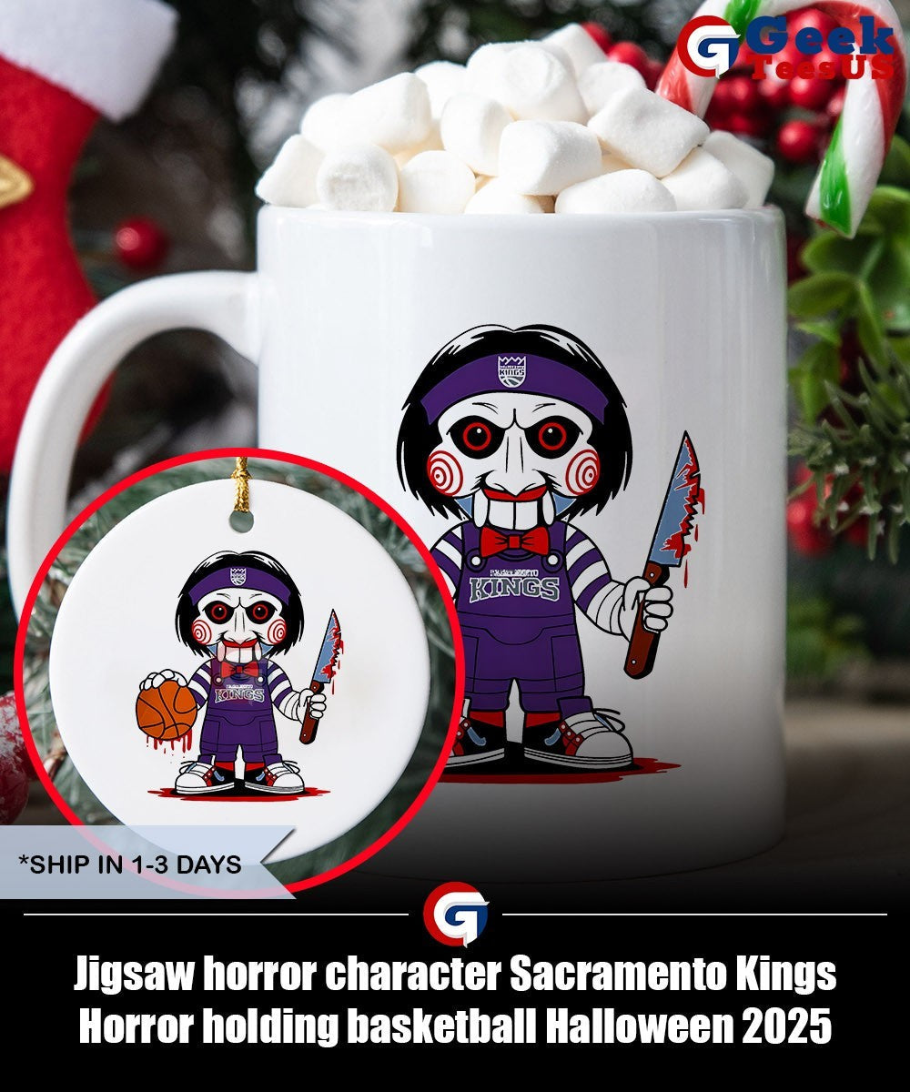 Jigsaw horror character Sacramento Kings Horror holding basketball Halloween 2025 shirt