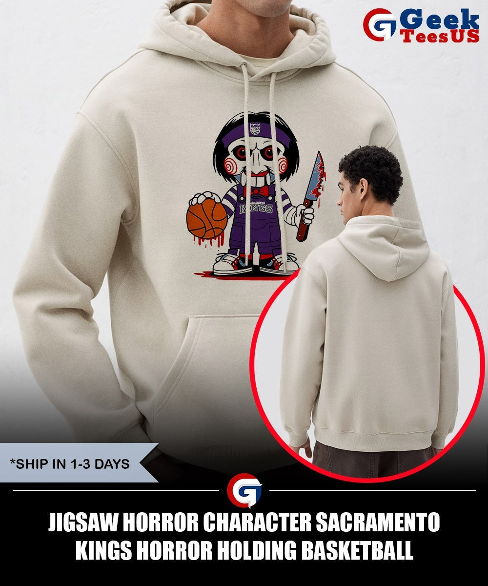 Jigsaw horror character Sacramento Kings Horror holding basketball Halloween 2025 shirt