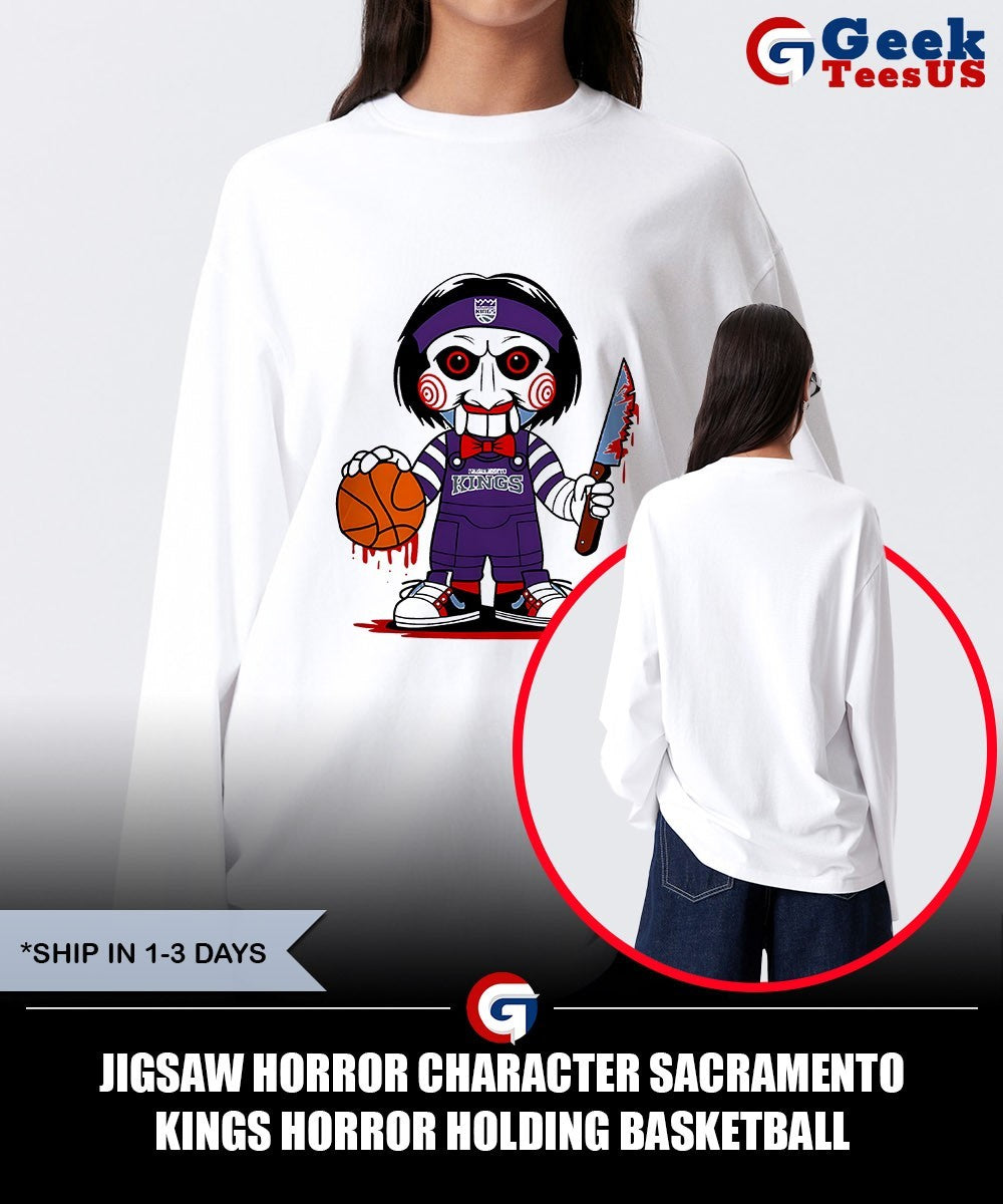 Jigsaw horror character Sacramento Kings Horror holding basketball Halloween 2025 shirt