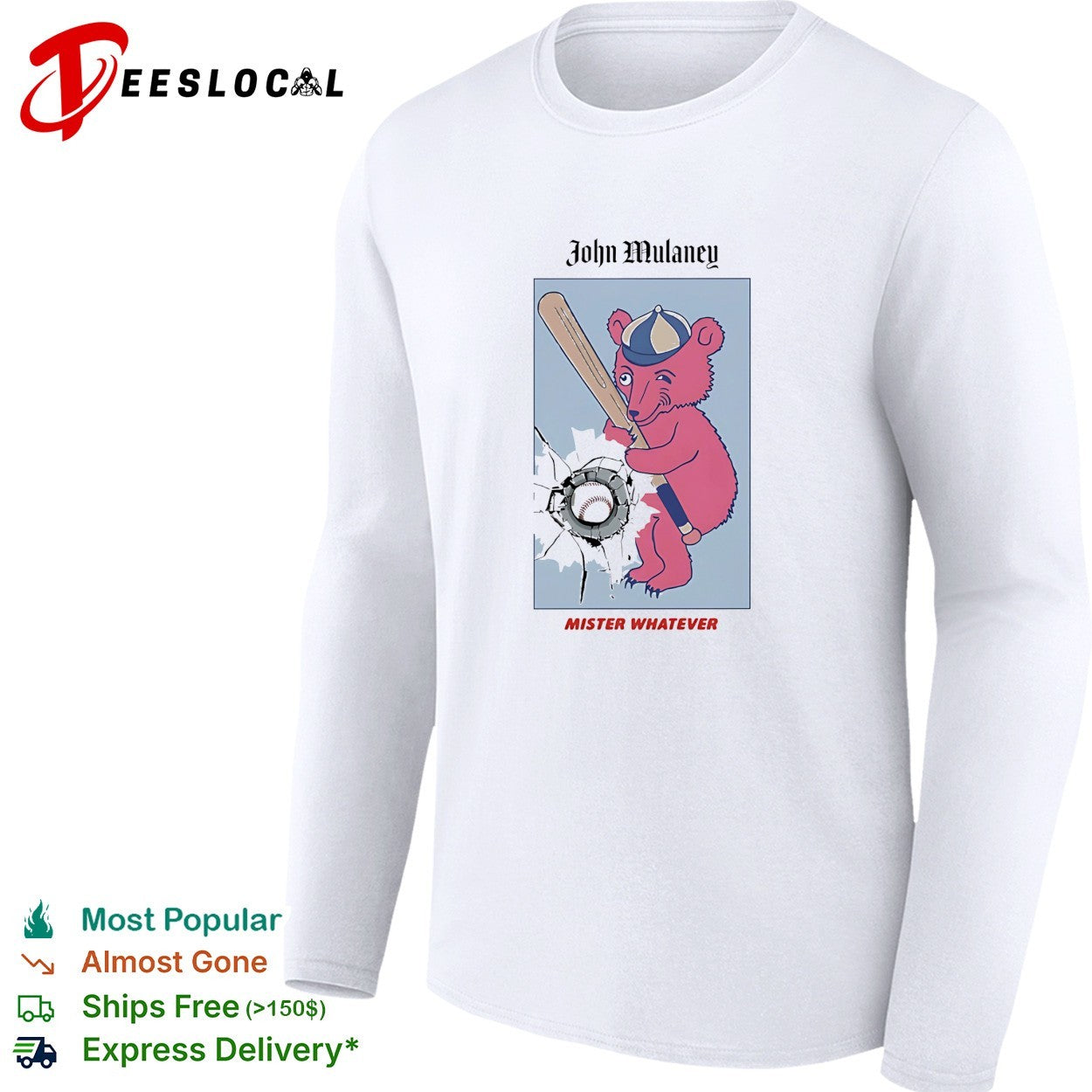 John Mulaney Mister Whatever bear swinging baseball bat and hitting ball shirt