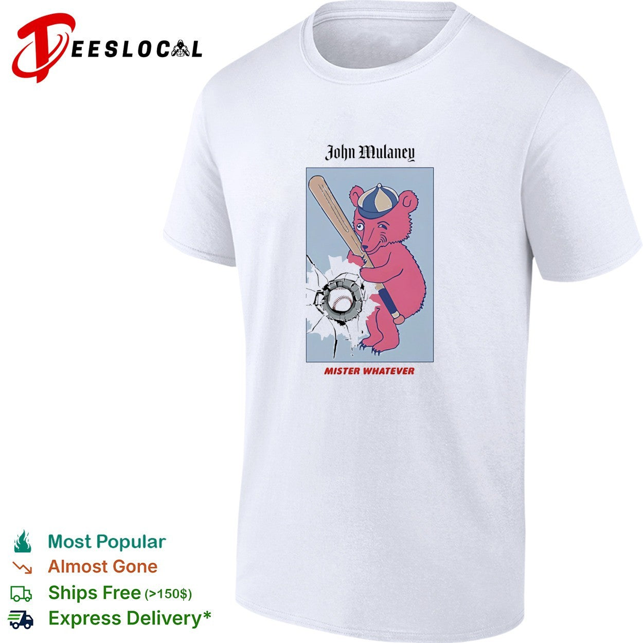 John Mulaney Mister Whatever bear swinging baseball bat and hitting ball shirt