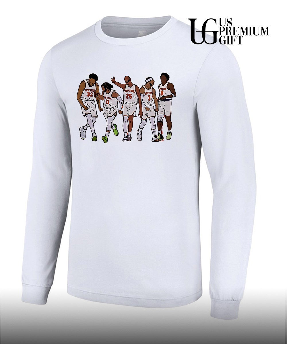 Jon Stewart wearing New Yokr Knicks Starting Five shirt