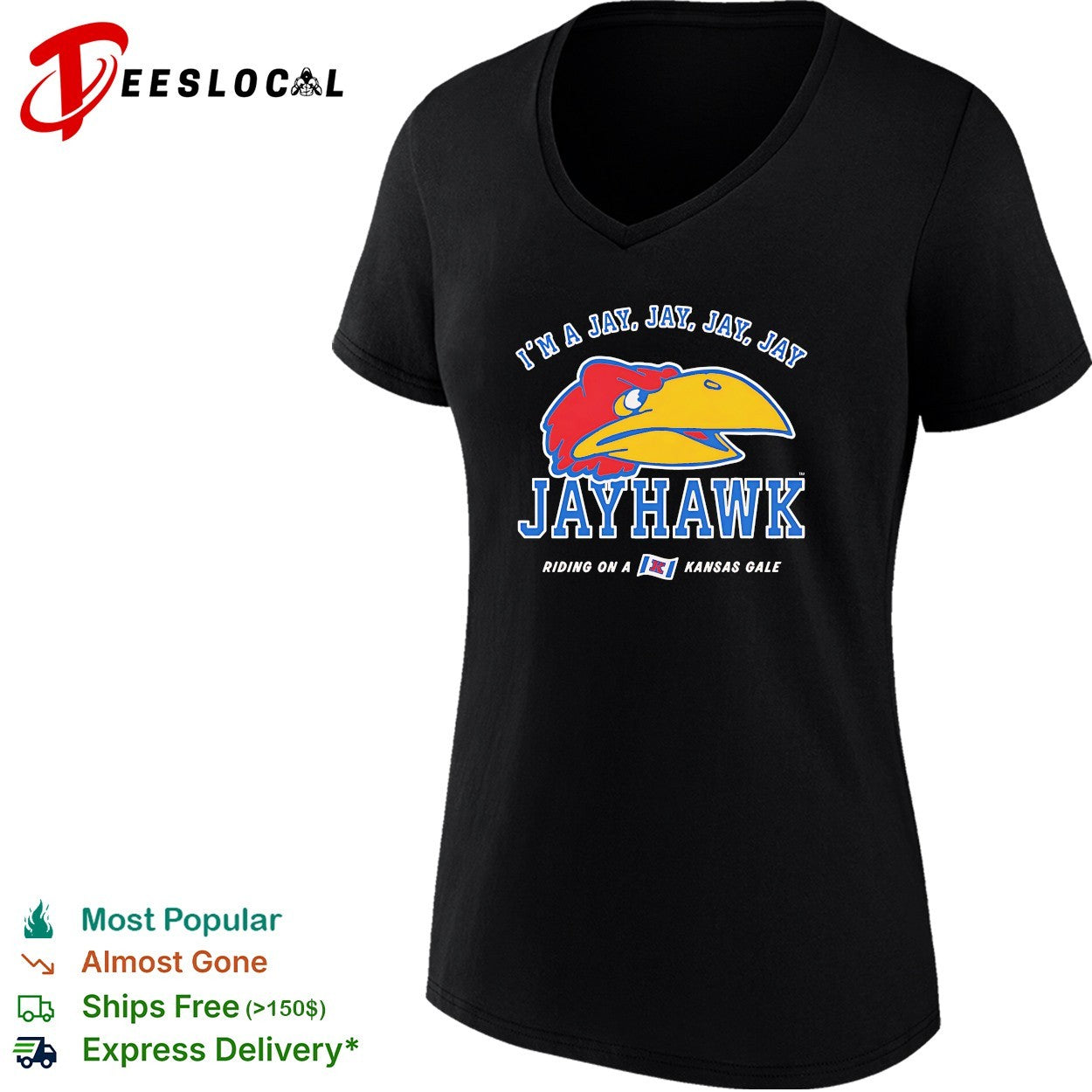 Kansas Jayhawks bird mascot head I’m a jay riding on a Kansas gale shirt