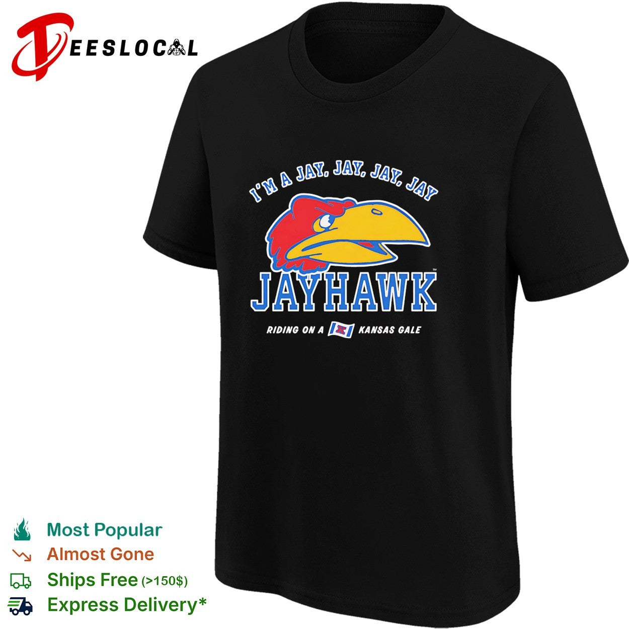 Kansas Jayhawks bird mascot head I’m a jay riding on a Kansas gale shirt