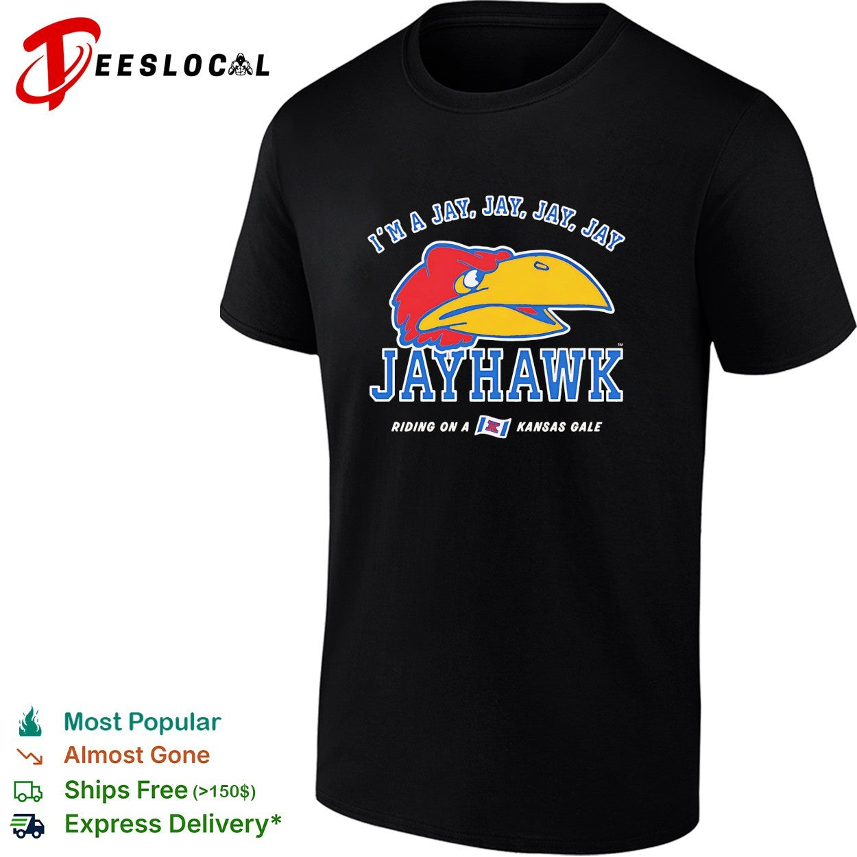 Kansas Jayhawks bird mascot head I’m a jay riding on a Kansas gale shirt