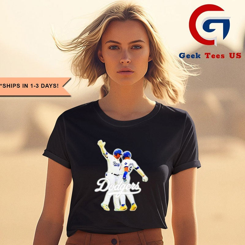 Kike Hernandez and Gavin Lux crotch bump Los Angeles Dodgers logo shirt