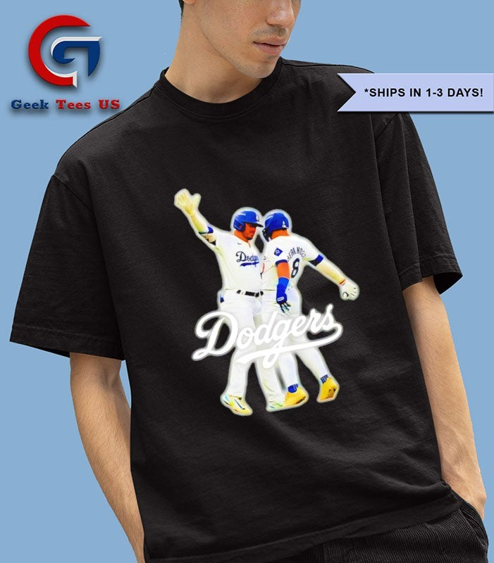 Kike Hernandez and Gavin Lux crotch bump Los Angeles Dodgers logo shirt