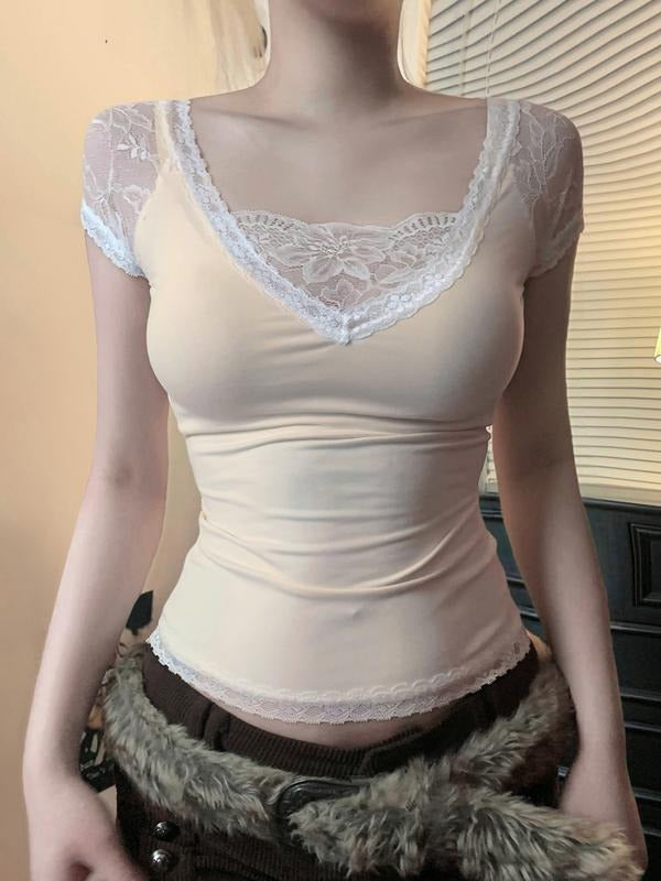 Lace Patchwork Square Neck Short Sleeve T-Shirt Y2K Vintage Cute T-Shirt for Women, Casual Summer Top, Fashionable and Comfortable