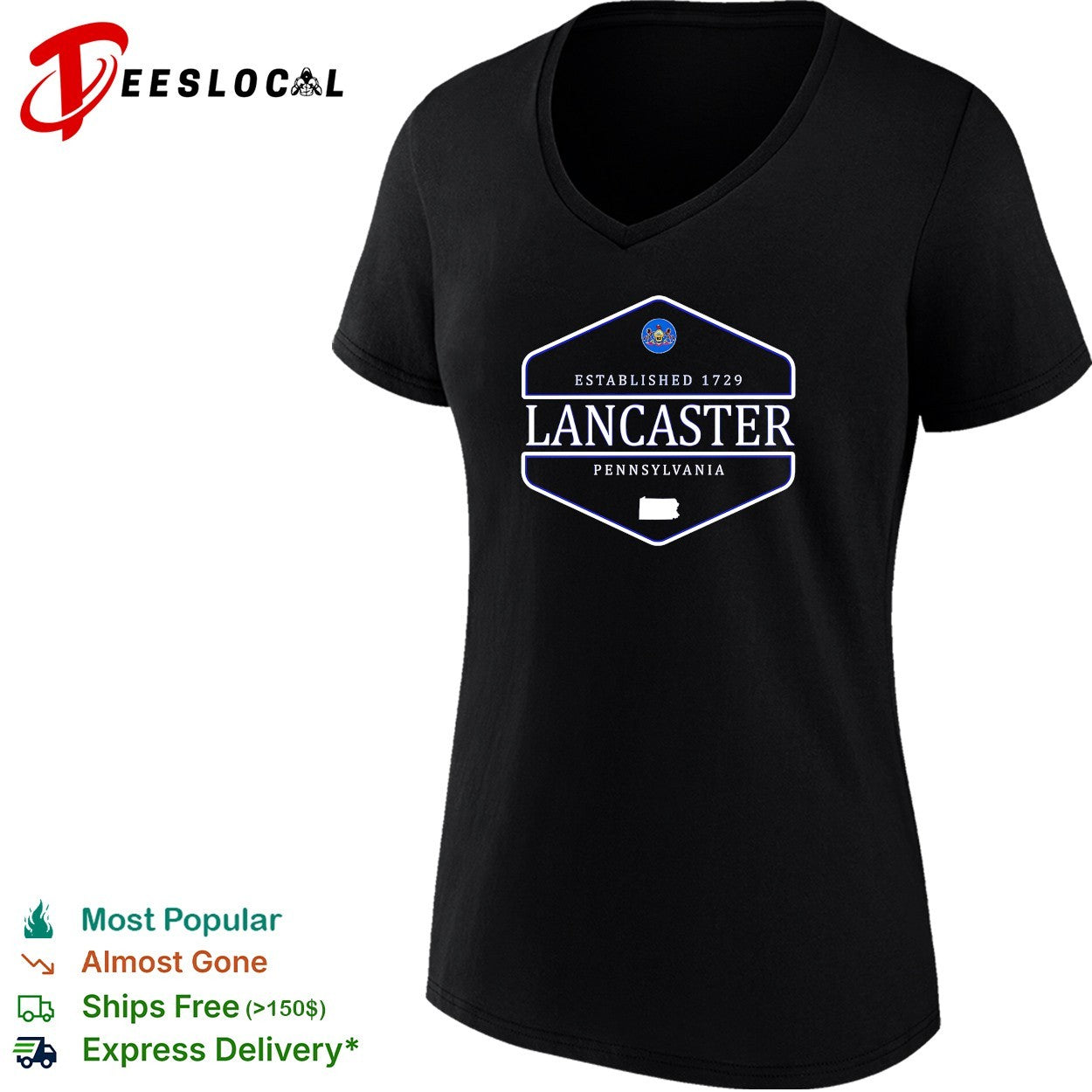 Lancaster Pennsylvania established 1729 badge with state seal and outline shirt