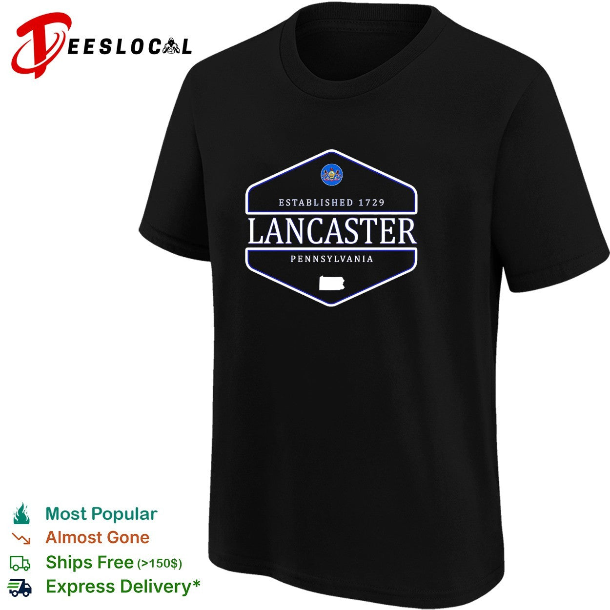 Lancaster Pennsylvania established 1729 badge with state seal and outline shirt
