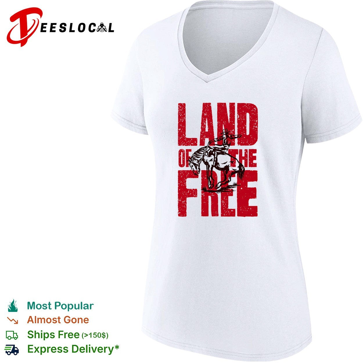 Land of the free cowboy riding bucking horse rodeo bold statement typography shirt