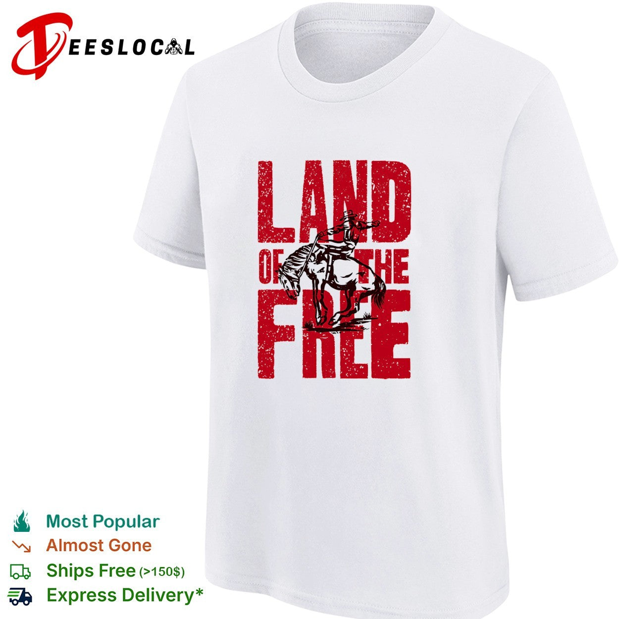 Land of the free cowboy riding bucking horse rodeo bold statement typography shirt