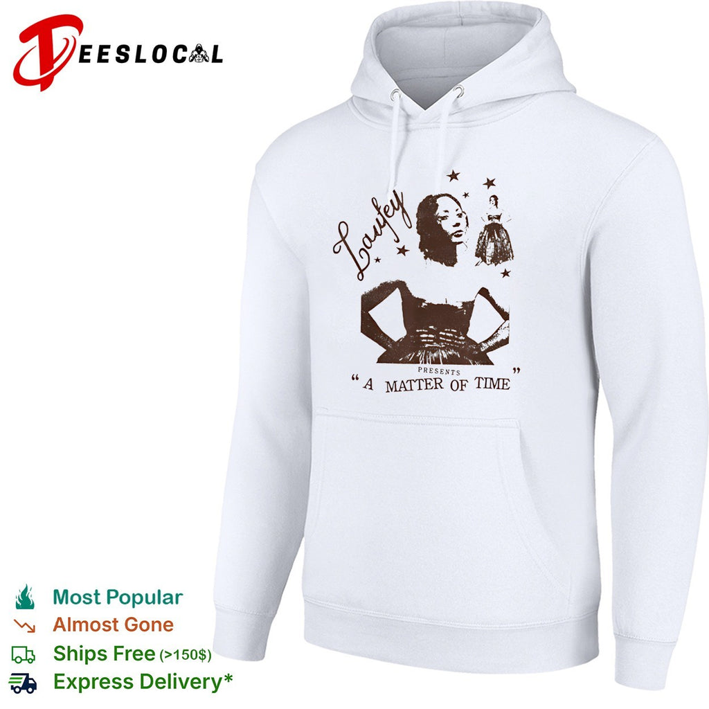 Laufey presents a matter of time illustrated woman in dress with hands on hips shirt