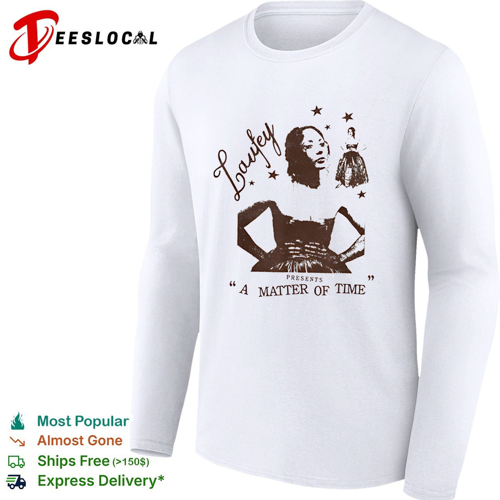 Laufey presents a matter of time illustrated woman in dress with hands on hips shirt