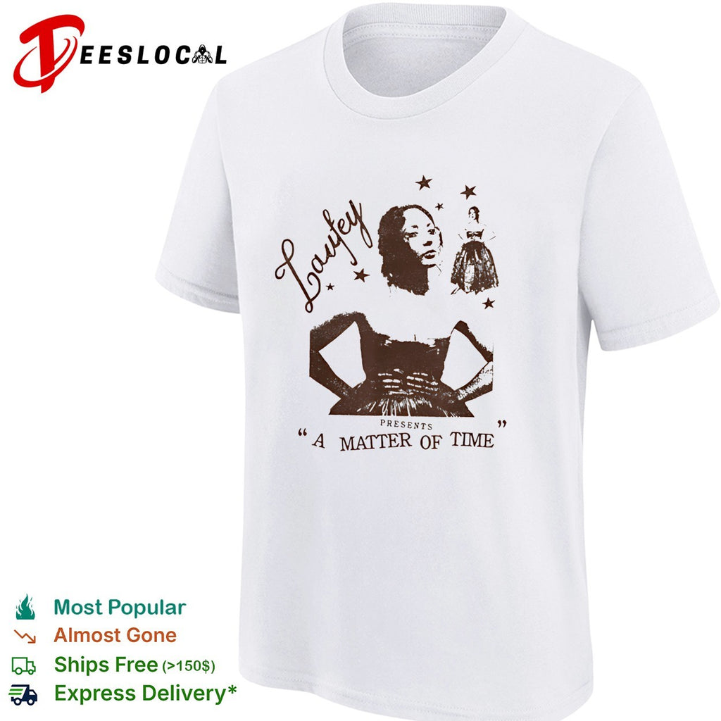 Laufey presents a matter of time illustrated woman in dress with hands on hips shirt
