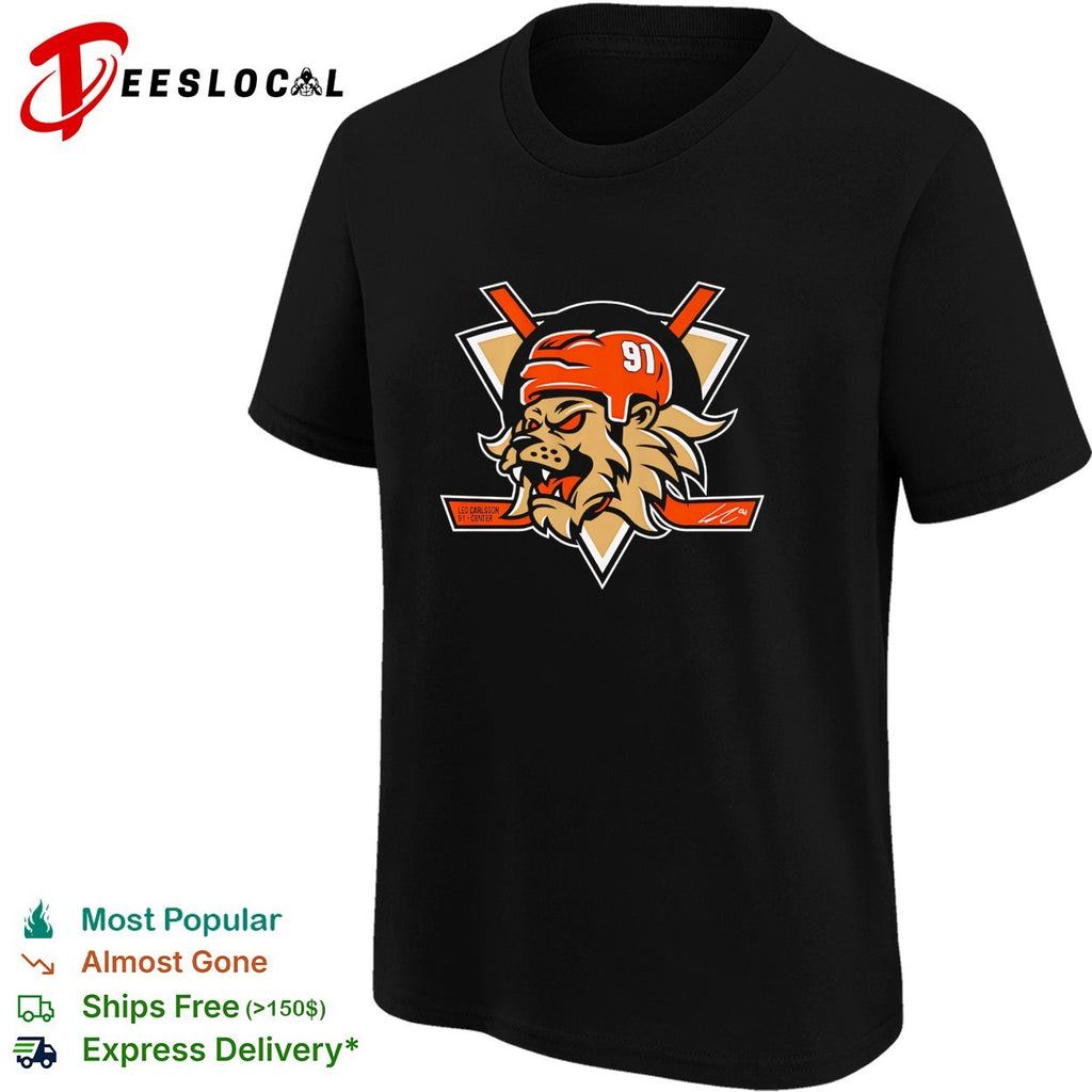 Leo Carlsson 91 center Lion number Anaheim Ducks hockey signature shirt