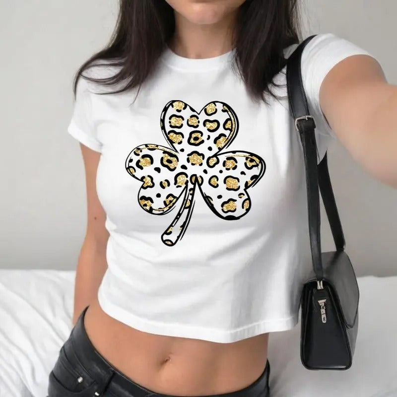 Leopard Shamrock Baby Tee For Women St Patrick's Day Shirt, Y2K 2000's Style, Streetwear Style, Gift for Her