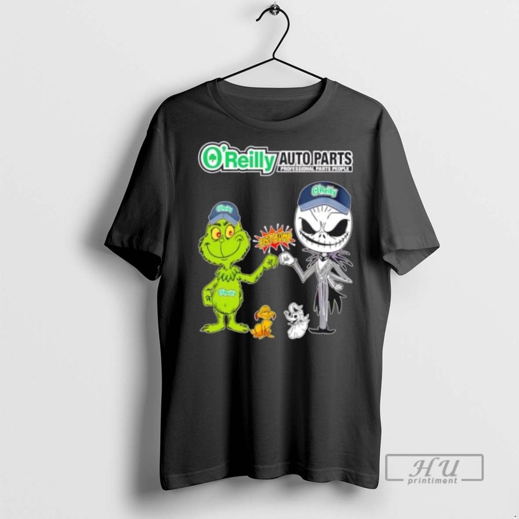 Limited Edition Oreilly Auto Parts X Grinch And Jack Skellington Fist Bump Uniwilling Friends Graphic
