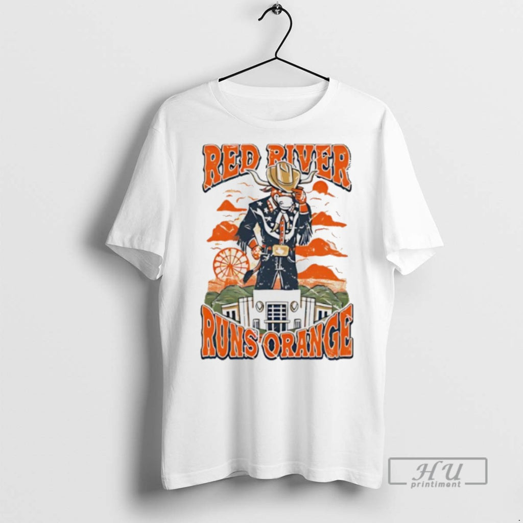Limited Edition Texas Longhorns Red River Runs Orange Mascot Graphic Tee Shirt Sweatshirt Hoodies