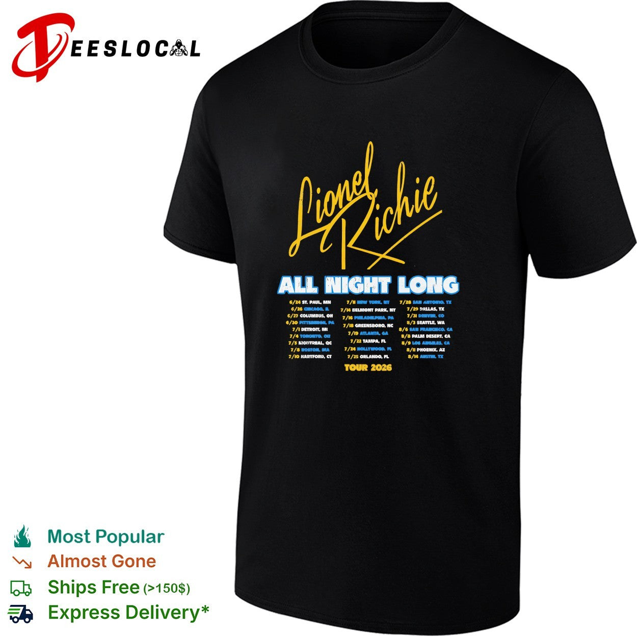 Lionel Richie all night long tour 2026 concert dates city list poster shirt