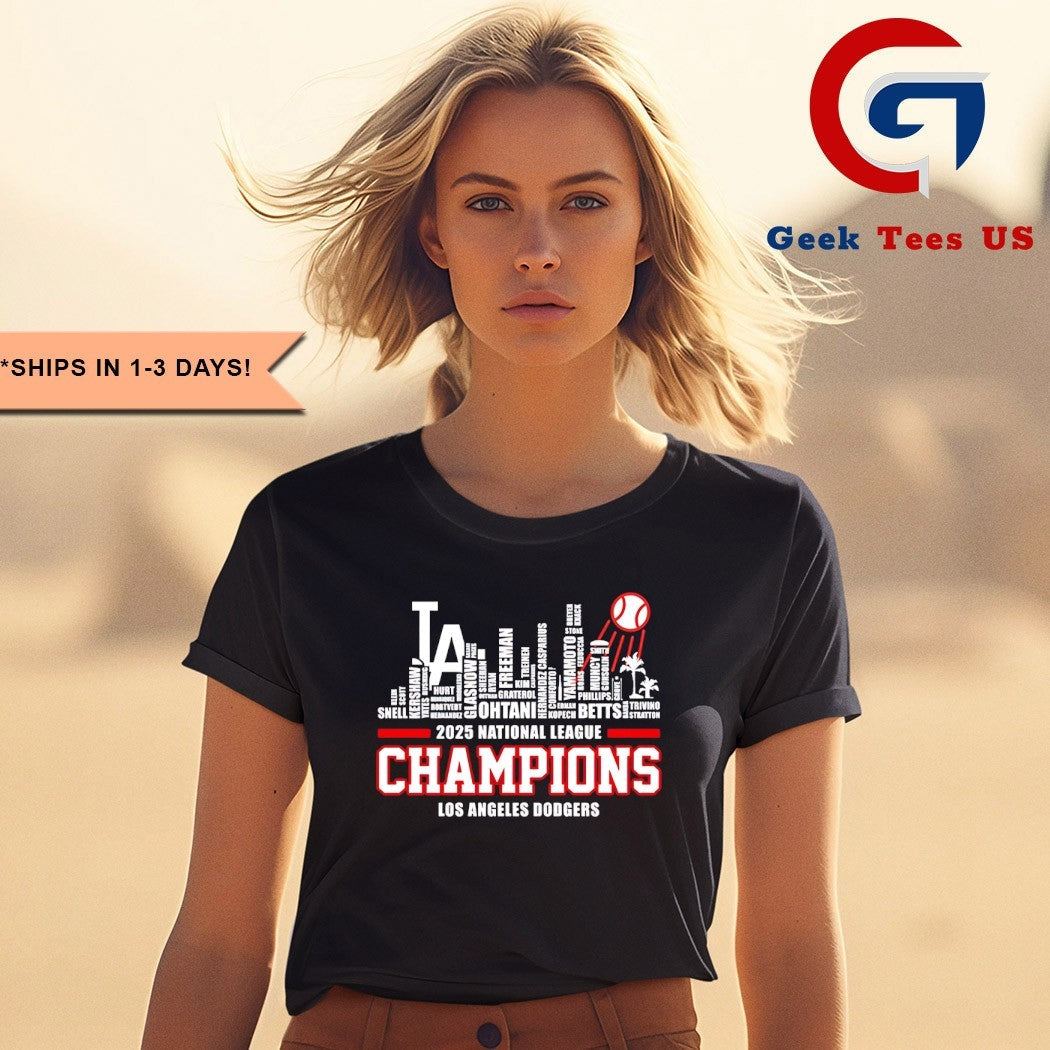 Los Angeles Dodgers 2025 National League Champions players name Skyline shirt