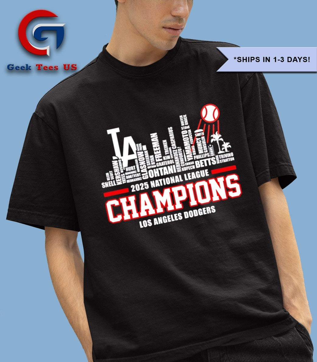Los Angeles Dodgers 2025 National League Champions players name Skyline shirt