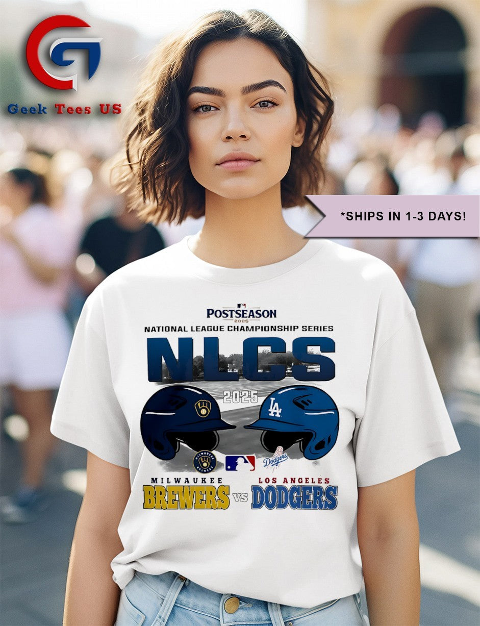 Los Angeles Dodgers vs Milwaukee Brewers MLB 2025 National League Championship Series helmet shirt