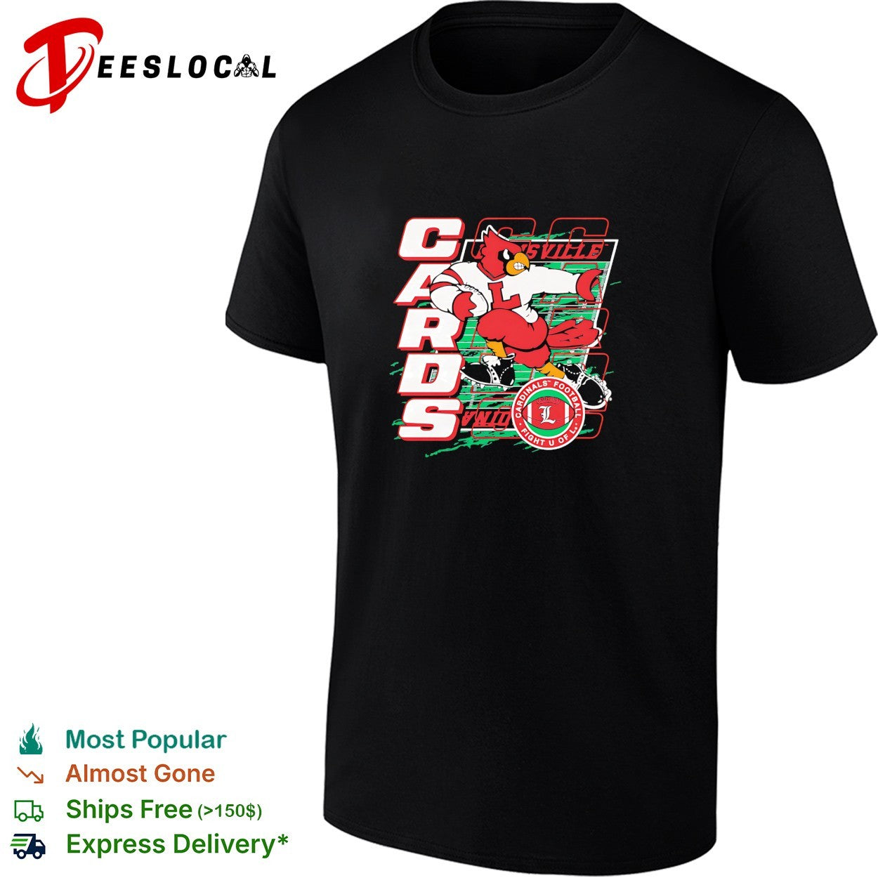 Louisville Cardinals Cards mascot running with football field fight U of L shirt