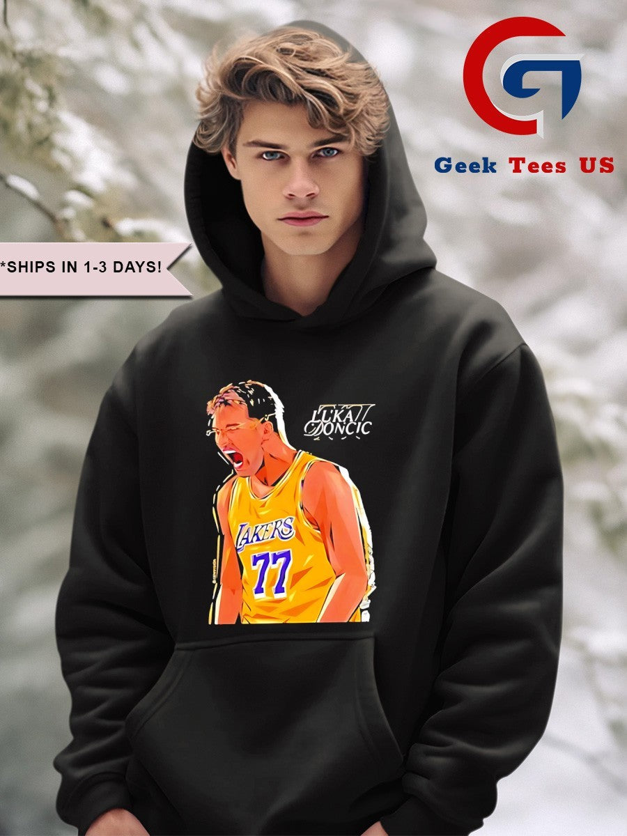 Luka Doncic wearing New Lakers Luka shirt