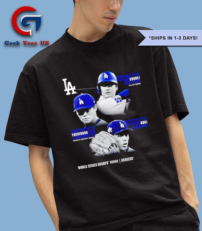 MLB 2025 Postseason Moment Shohei Ohtani Roki Sasaki and Yoshinobu Yamamoto Los Angeles Dodgers baseball shirt