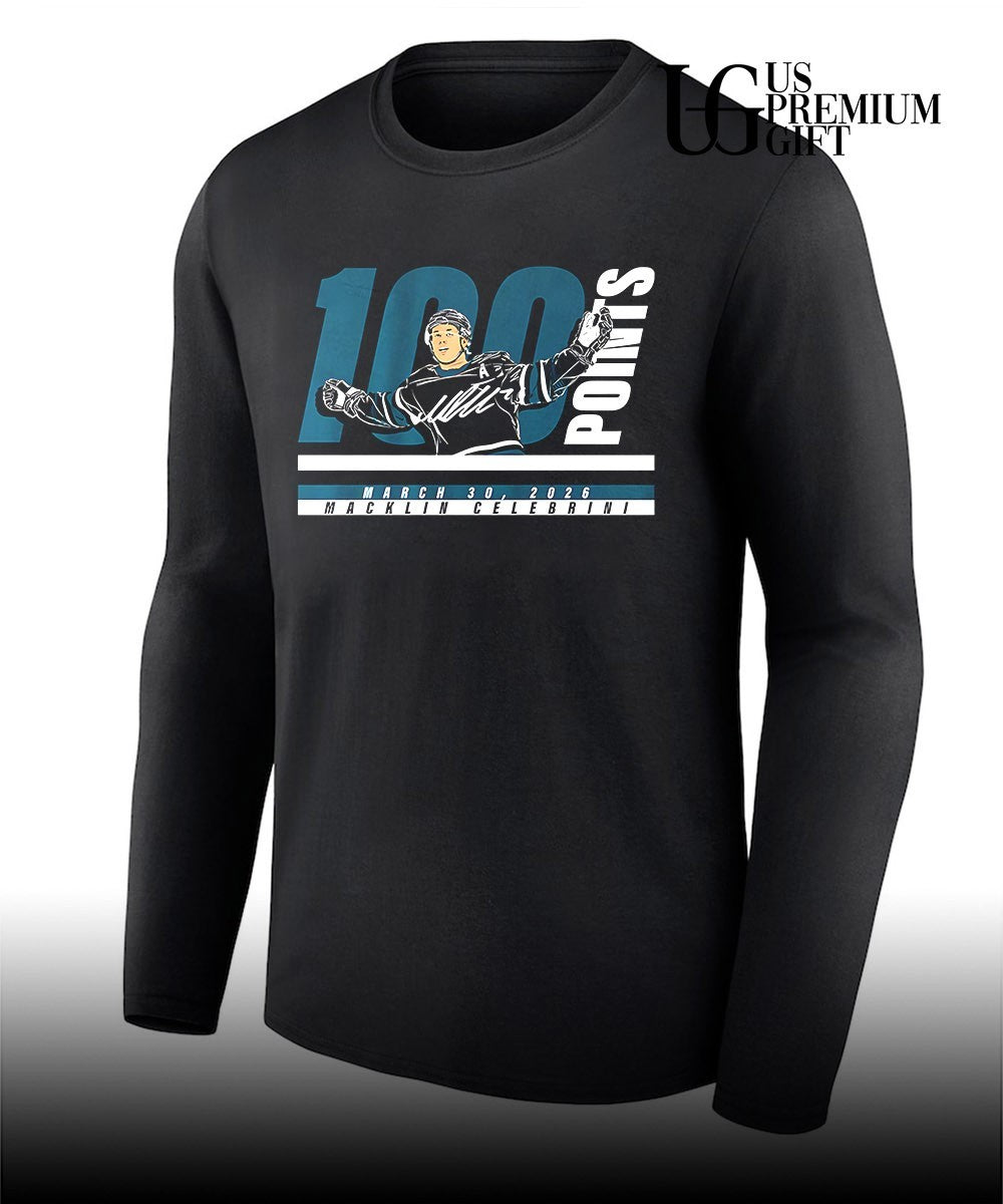 Macklin Celebrini 100 points San Jose Sharks NHL 2026 signature shirt