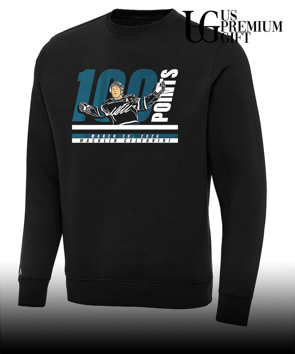 Macklin Celebrini 100 points San Jose Sharks NHL 2026 signature shirt