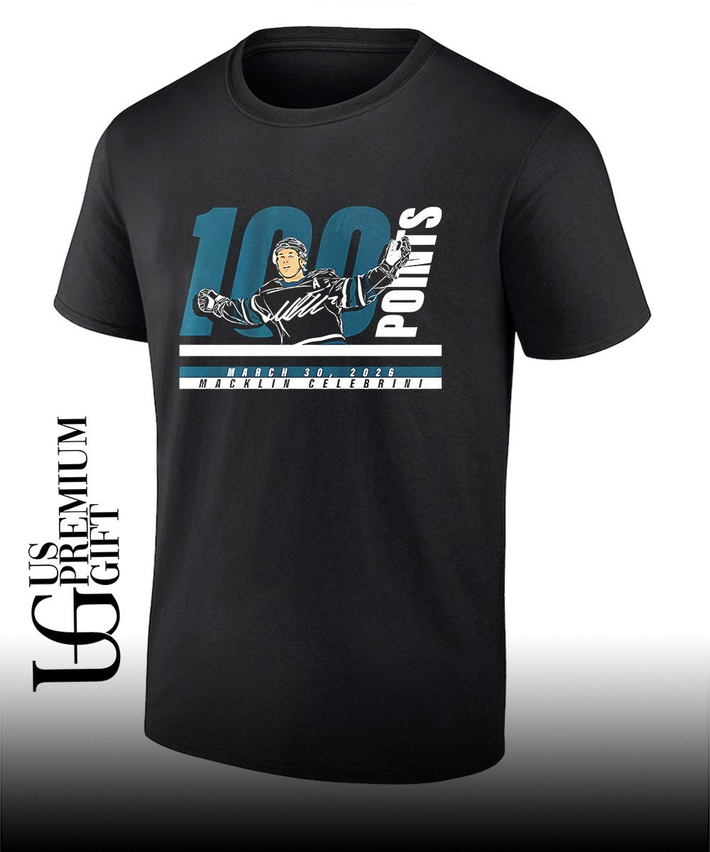 Macklin Celebrini 100 points San Jose Sharks NHL 2026 signature shirt