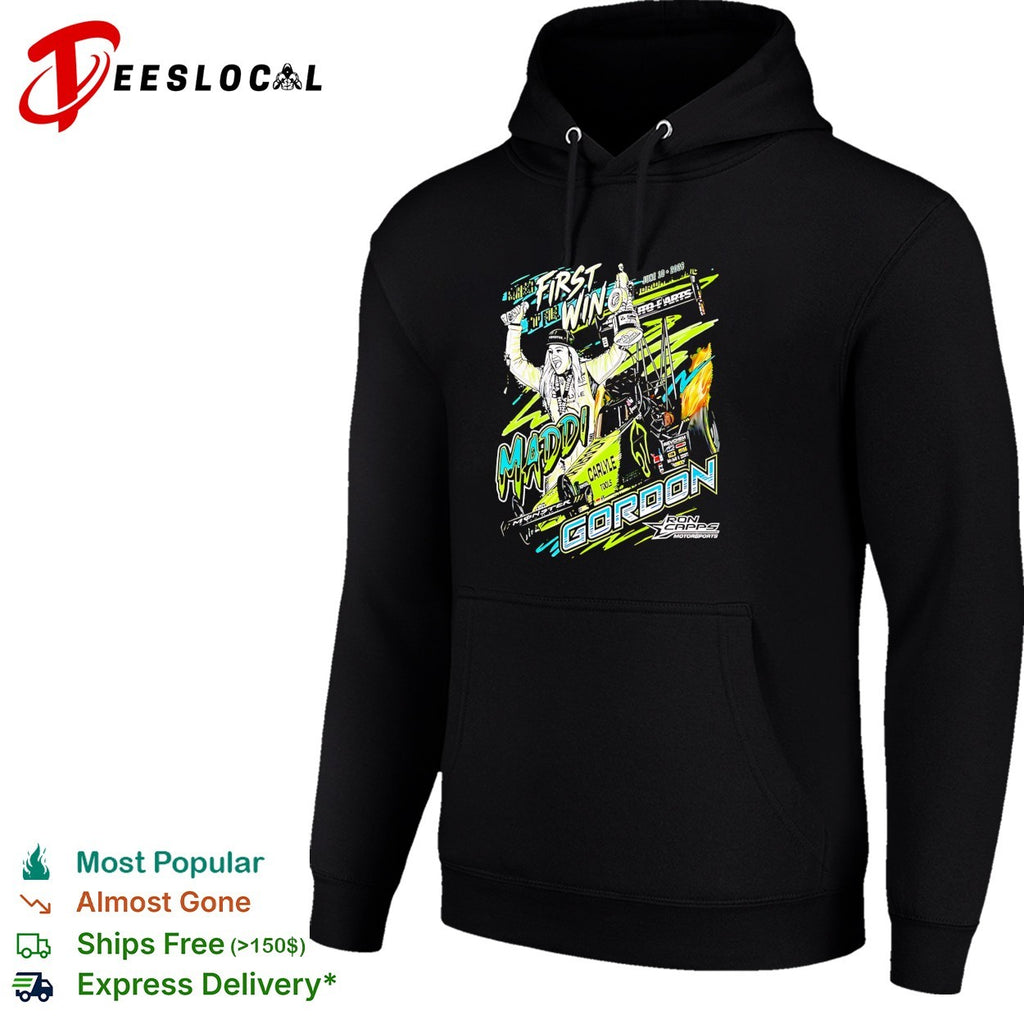 Maddi Gordon Ron Capps Motorsports celebrating first win holding trophy dragster shirt