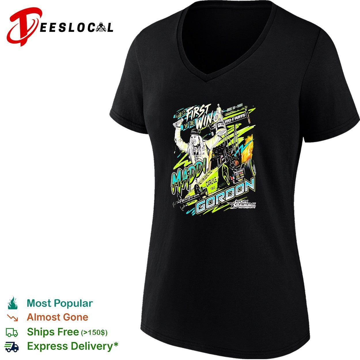 Maddi Gordon Ron Capps Motorsports celebrating first win holding trophy dragster shirt