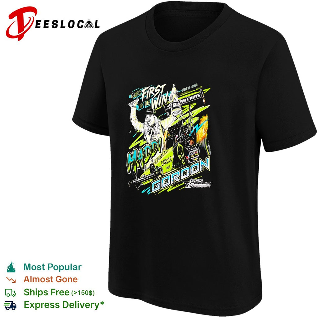 Maddi Gordon Ron Capps Motorsports celebrating first win holding trophy dragster shirt