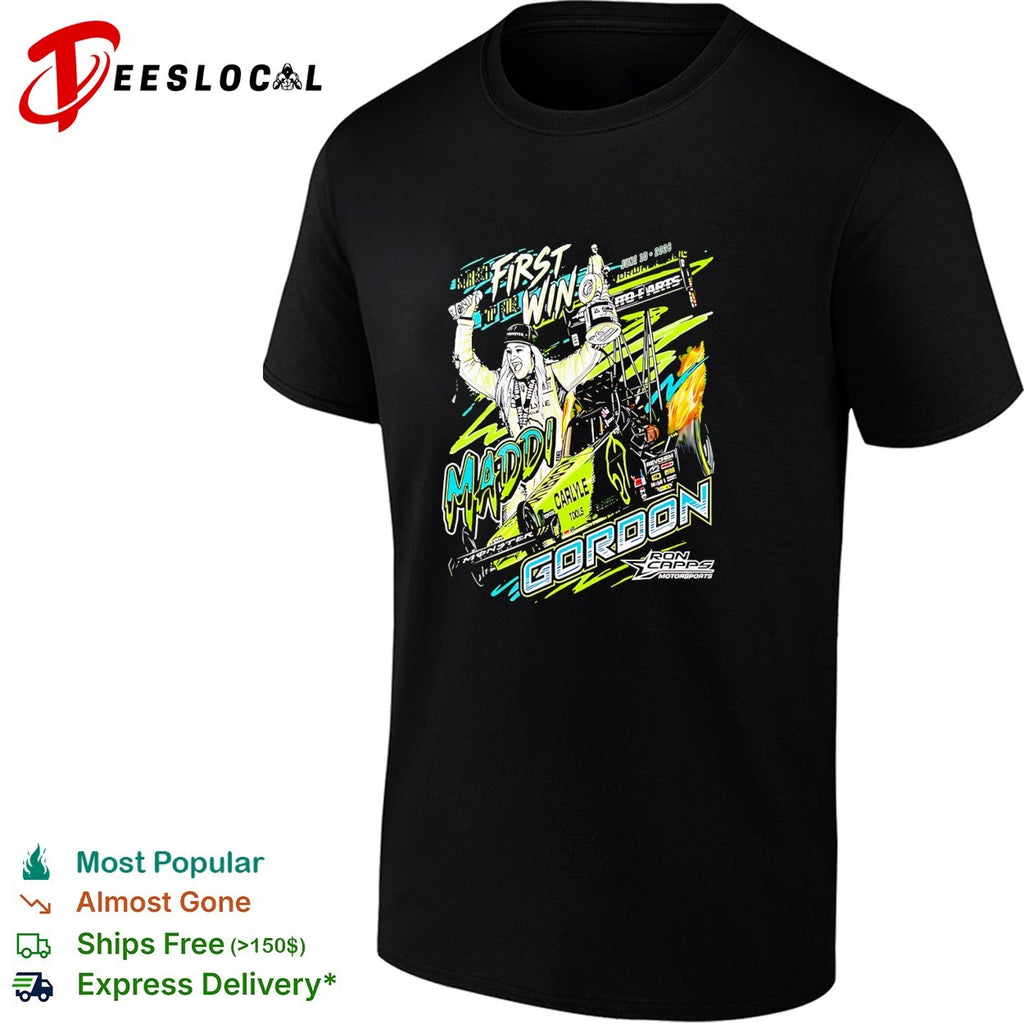 Maddi Gordon Ron Capps Motorsports celebrating first win holding trophy dragster shirt