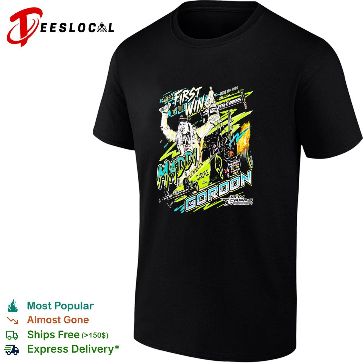 Maddi Gordon Ron Capps Motorsports celebrating first win holding trophy dragster shirt