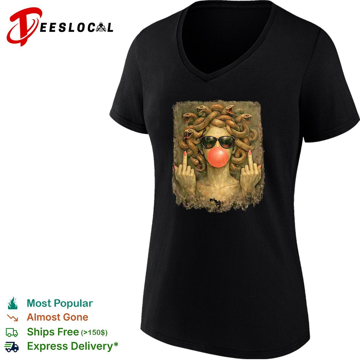 Medusa blowing bubblegum flipping off shirt