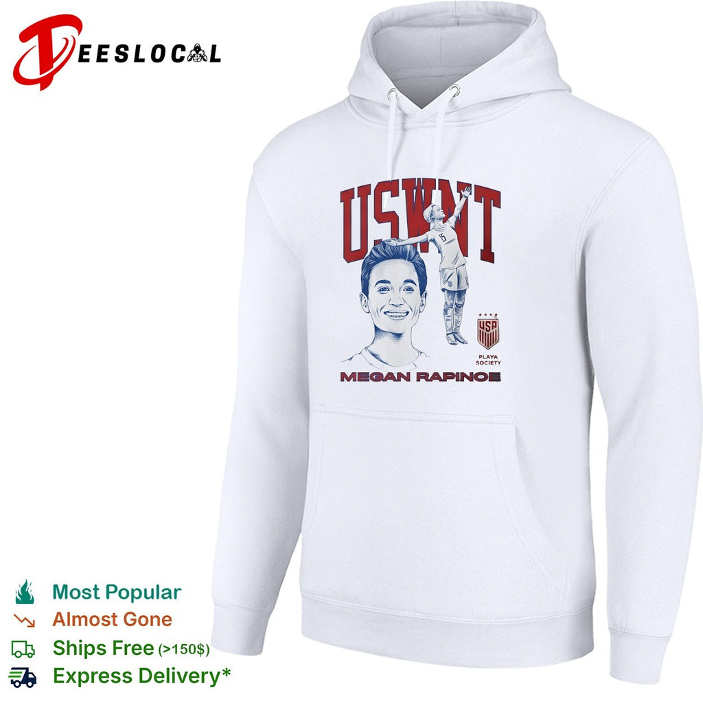 Megan Rapinoe USWNT portrait celebrating with raised arm Playa Society shirt