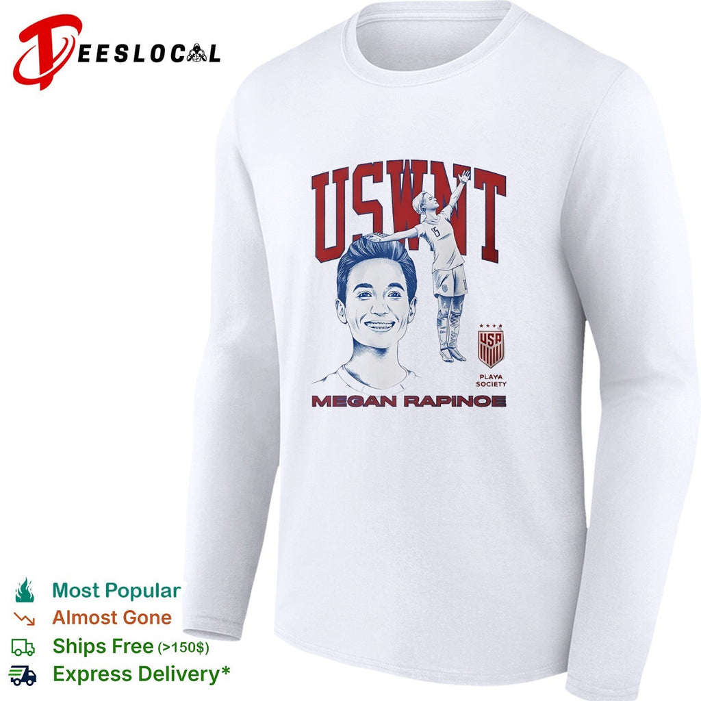 Megan Rapinoe USWNT portrait celebrating with raised arm Playa Society shirt