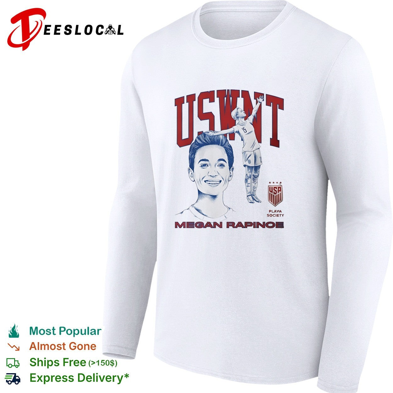 Megan Rapinoe USWNT portrait celebrating with raised arm Playa Society shirt