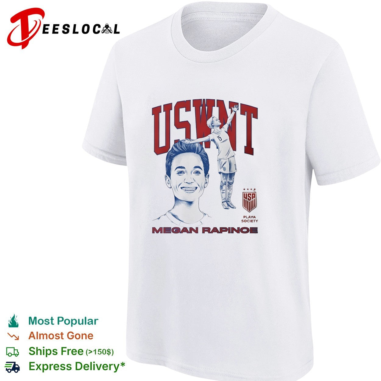Megan Rapinoe USWNT portrait celebrating with raised arm Playa Society shirt
