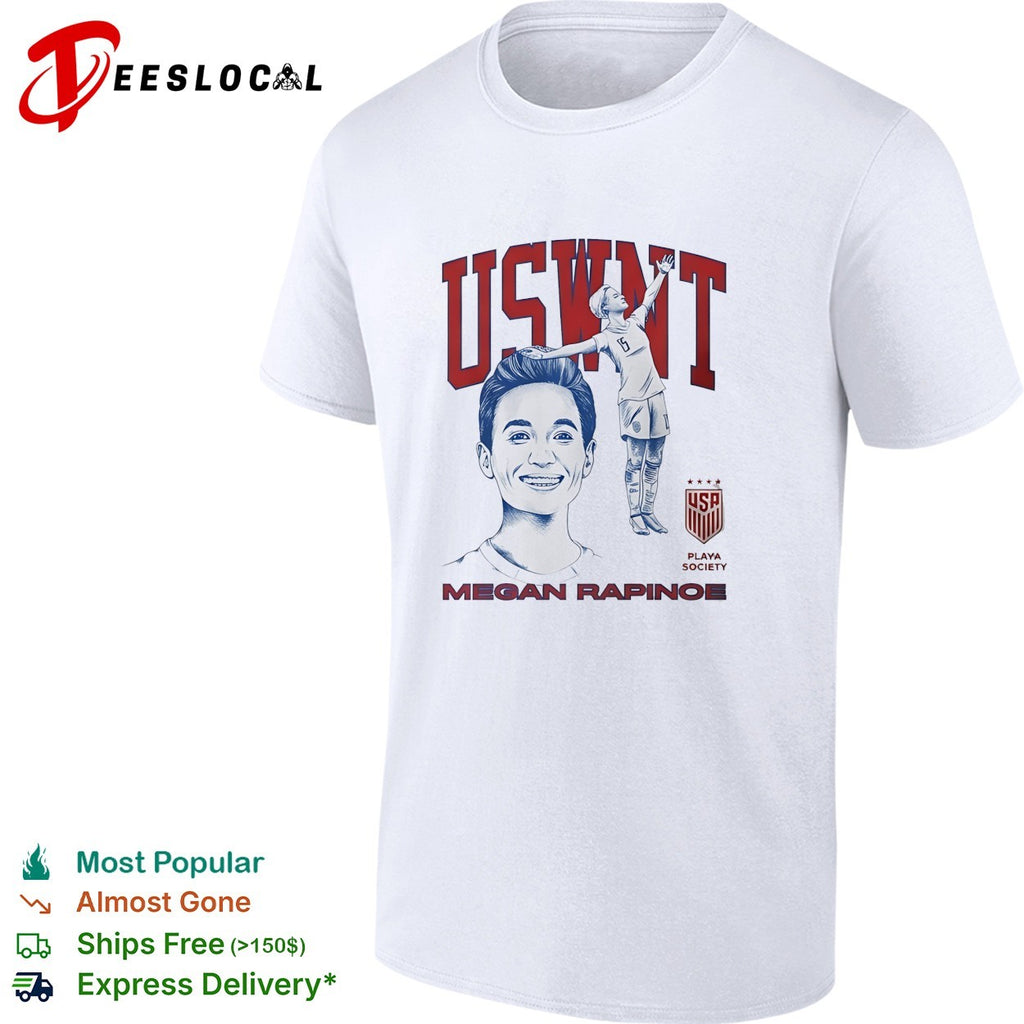 Megan Rapinoe USWNT portrait celebrating with raised arm Playa Society shirt