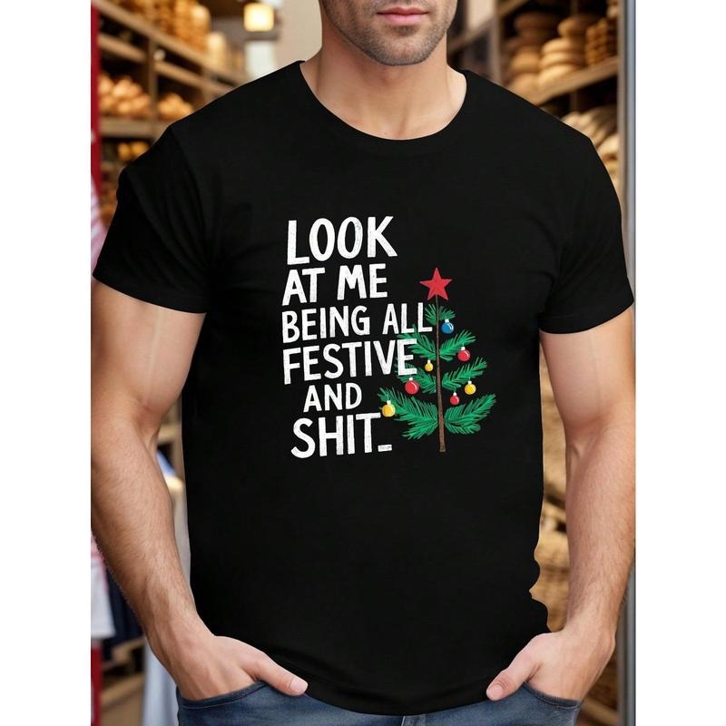 Men'S  Christmas Graphic T-Shirt - Funny Holiday Saying - Black Shirt With Red & Green Accents - Casual Christmas Party Outfit - Big & Tall Men'S Summer Tee - Everyday Festive Apparel, Christmas T Shirt, Holiday Themed Clothing, Adult Men