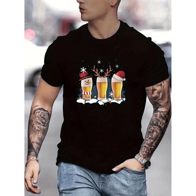 Men'S Christmas T-Shirt - Holiday Party Tee with Santa, Beers & Snowflakes - Lightweight Summer Shirt for Christmas Events - Everyday & Formal Wear - Casual
