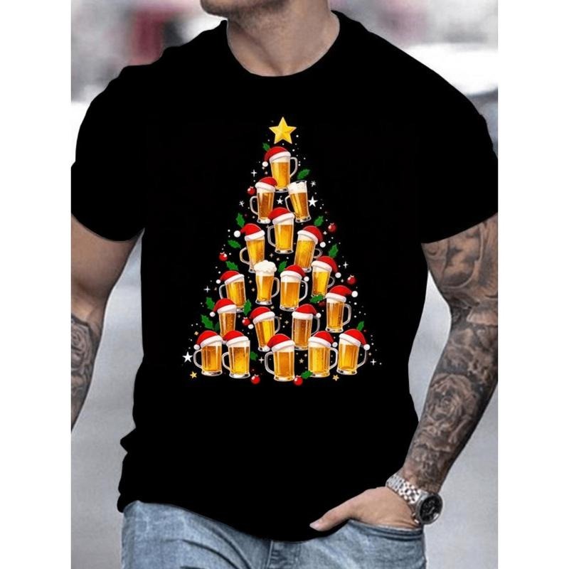 Men's Beer Christmas Tree T-Shirt with Lager & Ale Print - Funny Beer Mug Design Short Sleeve Round Neck Top, Casual Holiday Gift for Husband, Boyfriend, Dad - Christmas Party Outfit (Machine Washable)