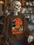Men's Casual Loose-Fit Round Neck Sweatshirt, Halloween Skull Pumpkin Print, Fall & Winter Warm Fashion Pullover, Must-Have for Seasonal Wear