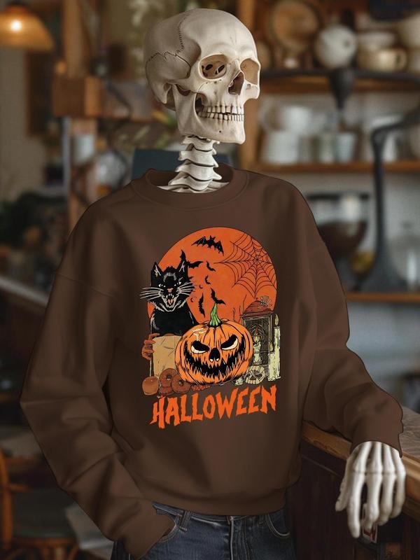 Men's Casual Loose-Fit Round Neck Sweatshirt, Halloween Skull Pumpkin Print, Fall & Winter Warm Fashion Pullover, Must-Have for Seasonal Wear
