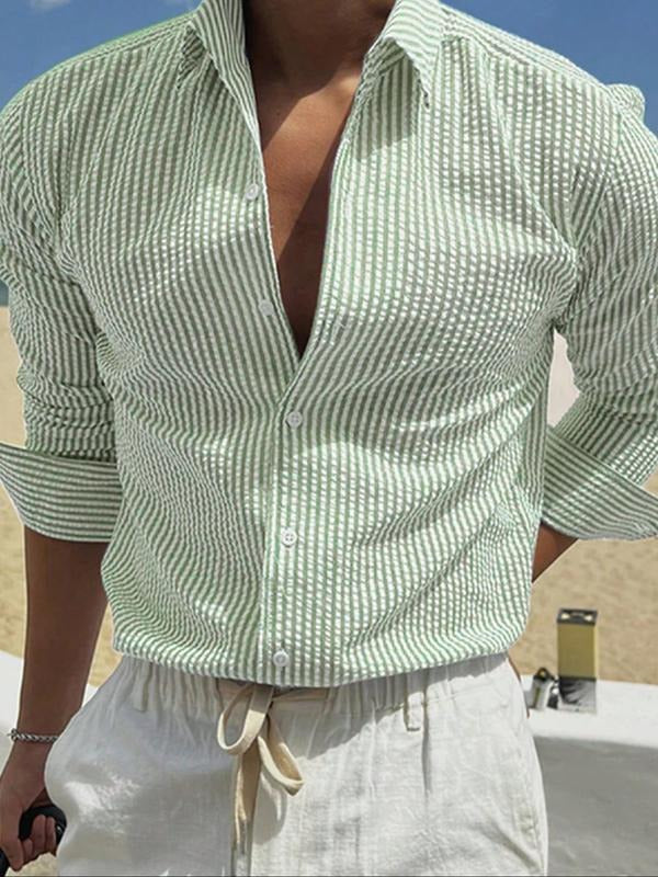 Men's Cuban Guayabera Shirt, Button-Down Long Sleeve Striped Design, Comfortable Fashion for Warm Weather, Casual Slim-Fit Style, Casual Party Shirt